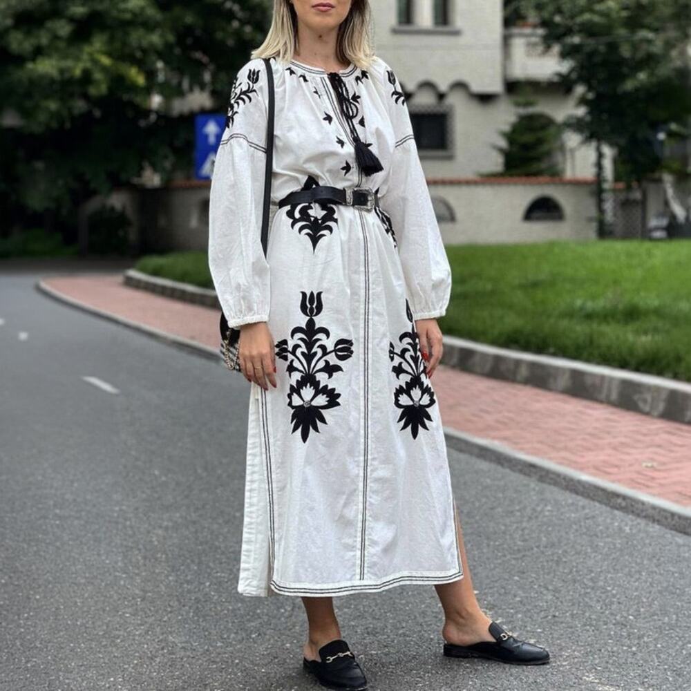 ZARA White Black Embroidered Cotton Maxi Dress Size S